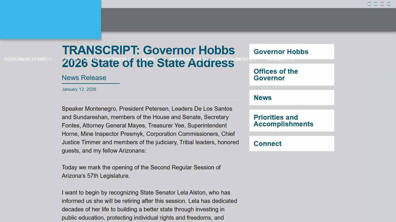 TRANSCRIPT: Governor Hobbs 2026 State of the State Address Office of the Arizona Governor