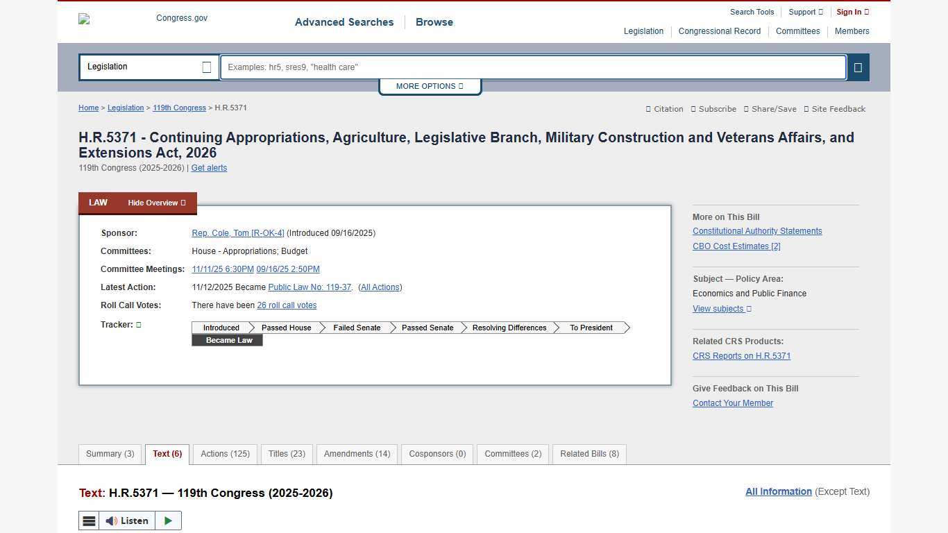 Text - H.R.5371 - 119th Congress (2025-2026): Continuing Appropriations, Agriculture, Legislative Branch, Military Construction and Veterans Affairs, and Extensions Act, 2026 Congress.gov Library of Congress